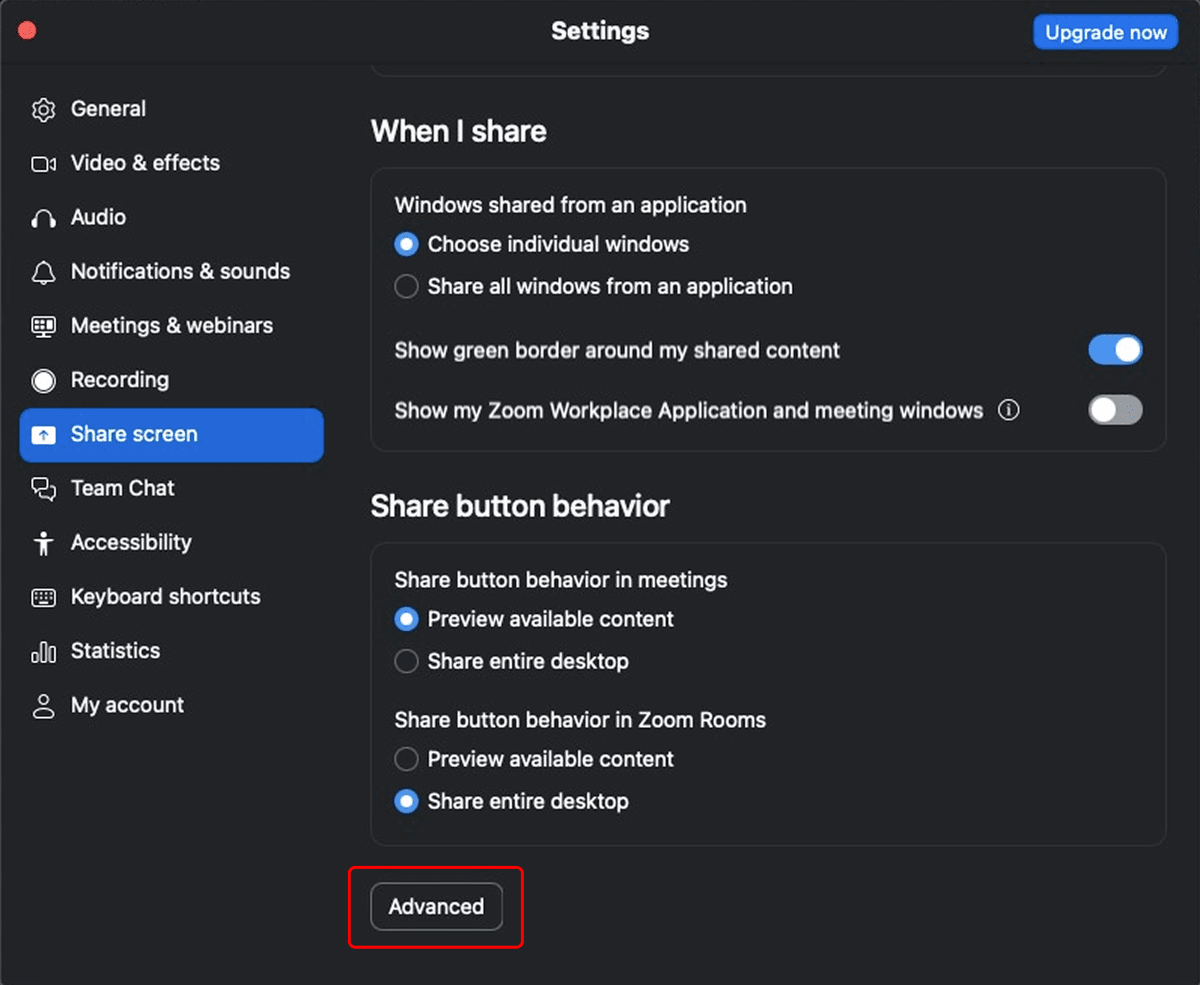 Zoom screen sharing settings showing Advanced capture with window filtering option