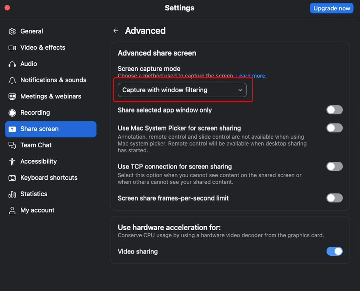 Zoom advanced screen capture settings